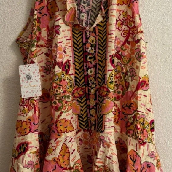 Free People Summer in Tulum Tunic Dress M Pink Combo Ruffle Tie Back - NWT - Picture 2 of 12